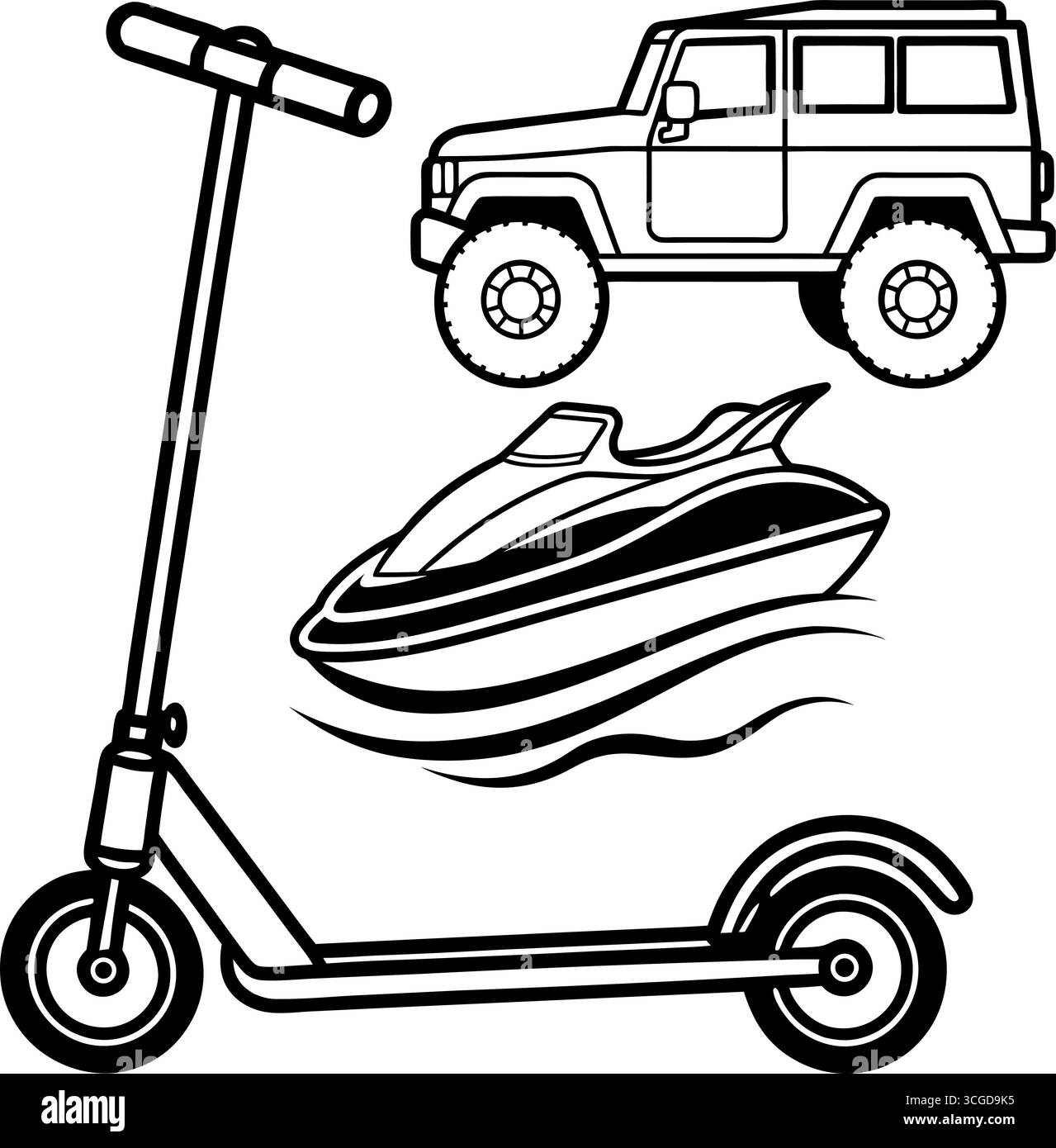 Collezione di veicoli da trasporto vintage e moderni, tra cui auto taxi, autonoleggi, furgoni, camion, treni aerei, navi e balze Illustrazione Vettoriale