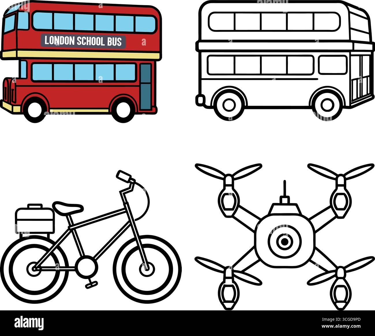 Collezione di veicoli da trasporto vintage e moderni, tra cui auto taxi, autonoleggi, furgoni, camion, treni aerei, navi e balze Illustrazione Vettoriale