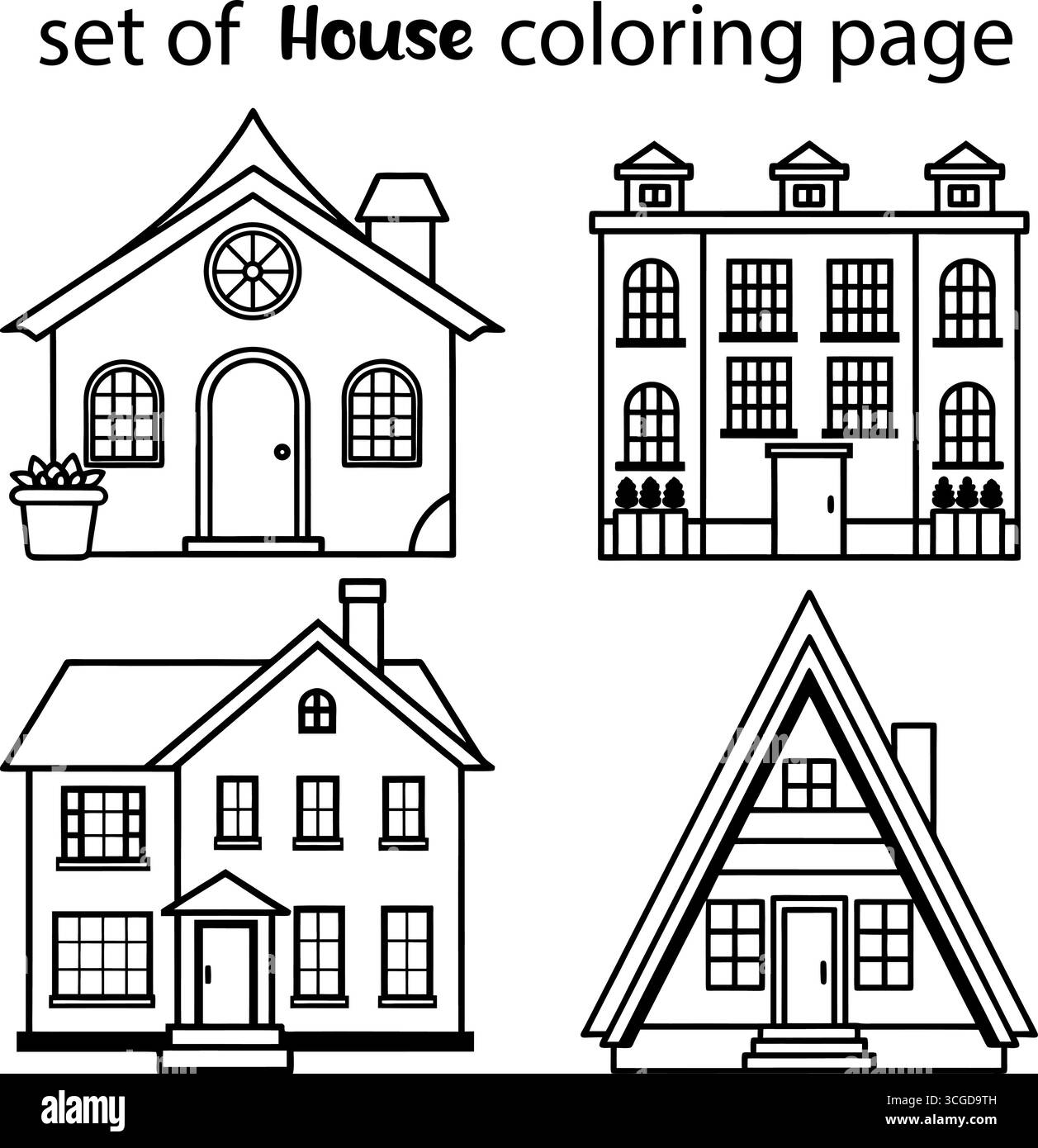 Disegno del profilo del set di case da colorare con un piccolo esempio di casa colorata isolato su sfondo bianco Illustrazione Vettoriale