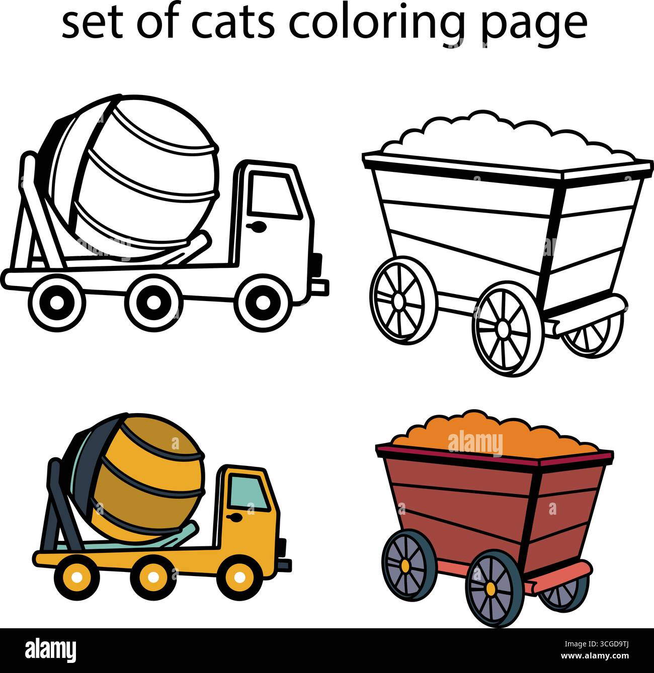 Collezione di veicoli da trasporto vintage e moderni, tra cui auto taxi, autonoleggi, furgoni, camion, treni aerei, navi e balze Illustrazione Vettoriale