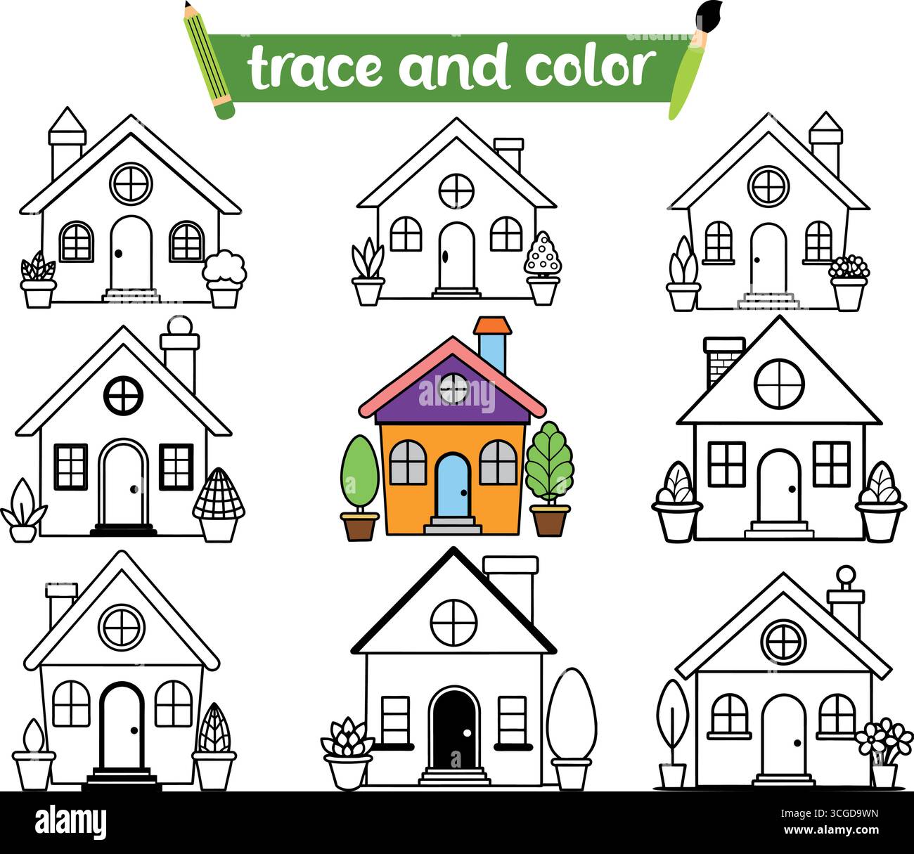 Disegno del profilo del set di case da colorare con un piccolo esempio di casa colorata isolato su sfondo bianco Illustrazione Vettoriale