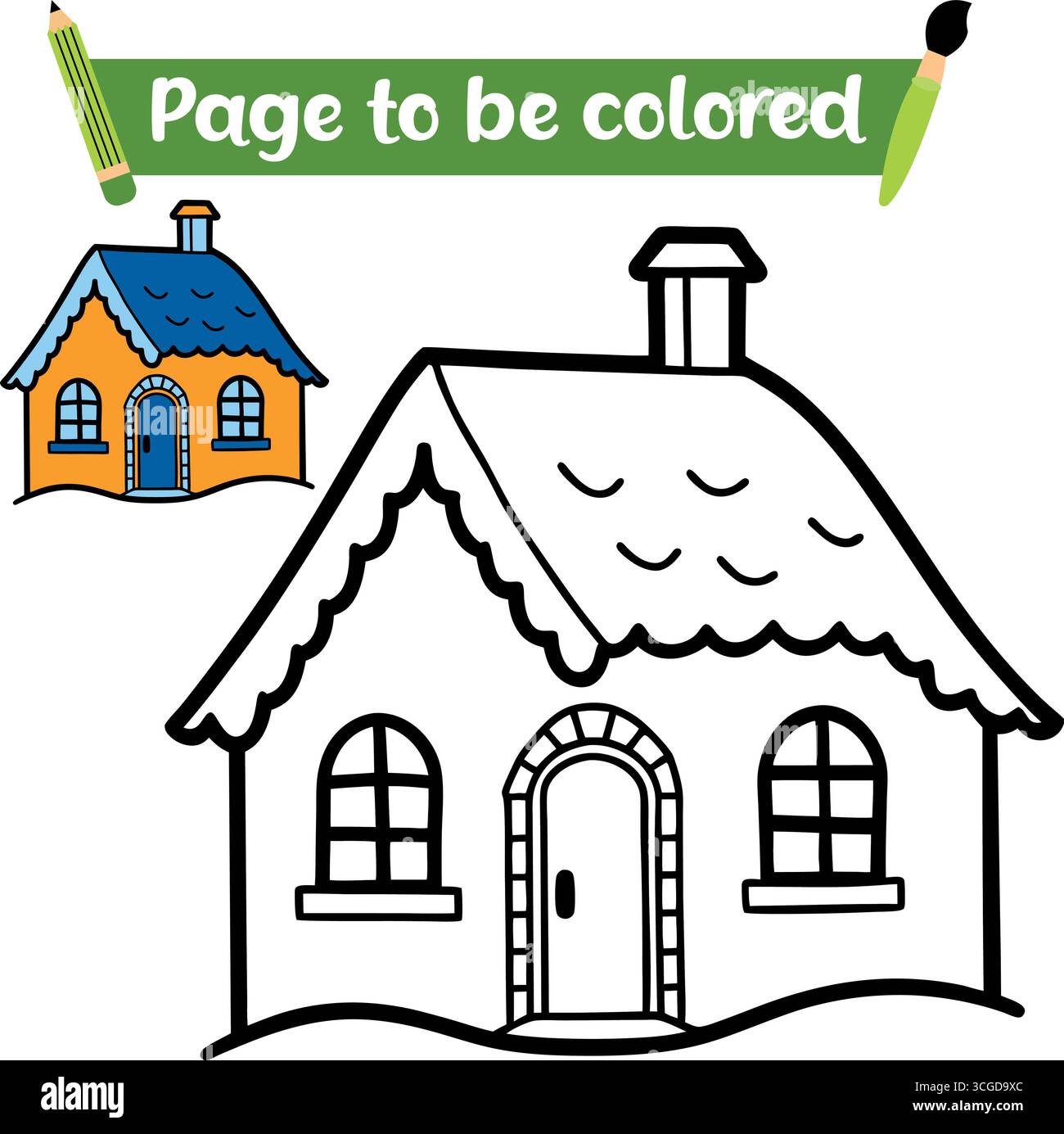 Disegno del profilo del set di case da colorare con un piccolo esempio di casa colorata isolato su sfondo bianco Illustrazione Vettoriale