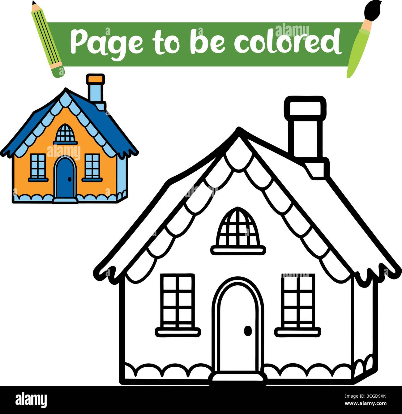 Disegno del profilo del set di case da colorare con un piccolo esempio di casa colorata isolato su sfondo bianco Illustrazione Vettoriale