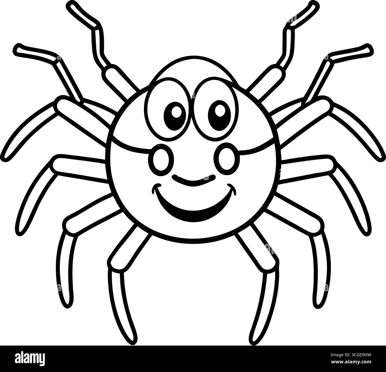 Grazioso ragno cartoni animati con grandi occhi e un sorriso felice isolato su sfondo bianco Illustrazione Vettoriale