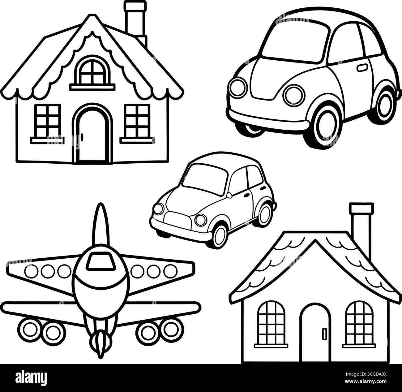 Collezione di veicoli da trasporto vintage e moderni, tra cui auto taxi, autonoleggi, furgoni, camion, treni aerei, navi e balze Illustrazione Vettoriale