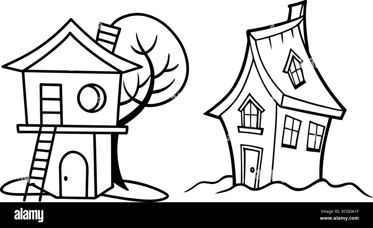 Disegno del profilo del set di case da colorare con un piccolo esempio di casa colorata isolato su sfondo bianco Illustrazione Vettoriale