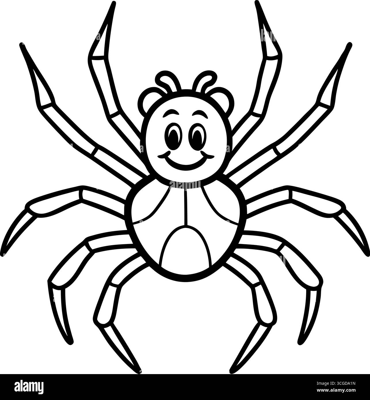 Grazioso ragno cartoni animati con grandi occhi e un sorriso felice isolato su sfondo bianco Illustrazione Vettoriale