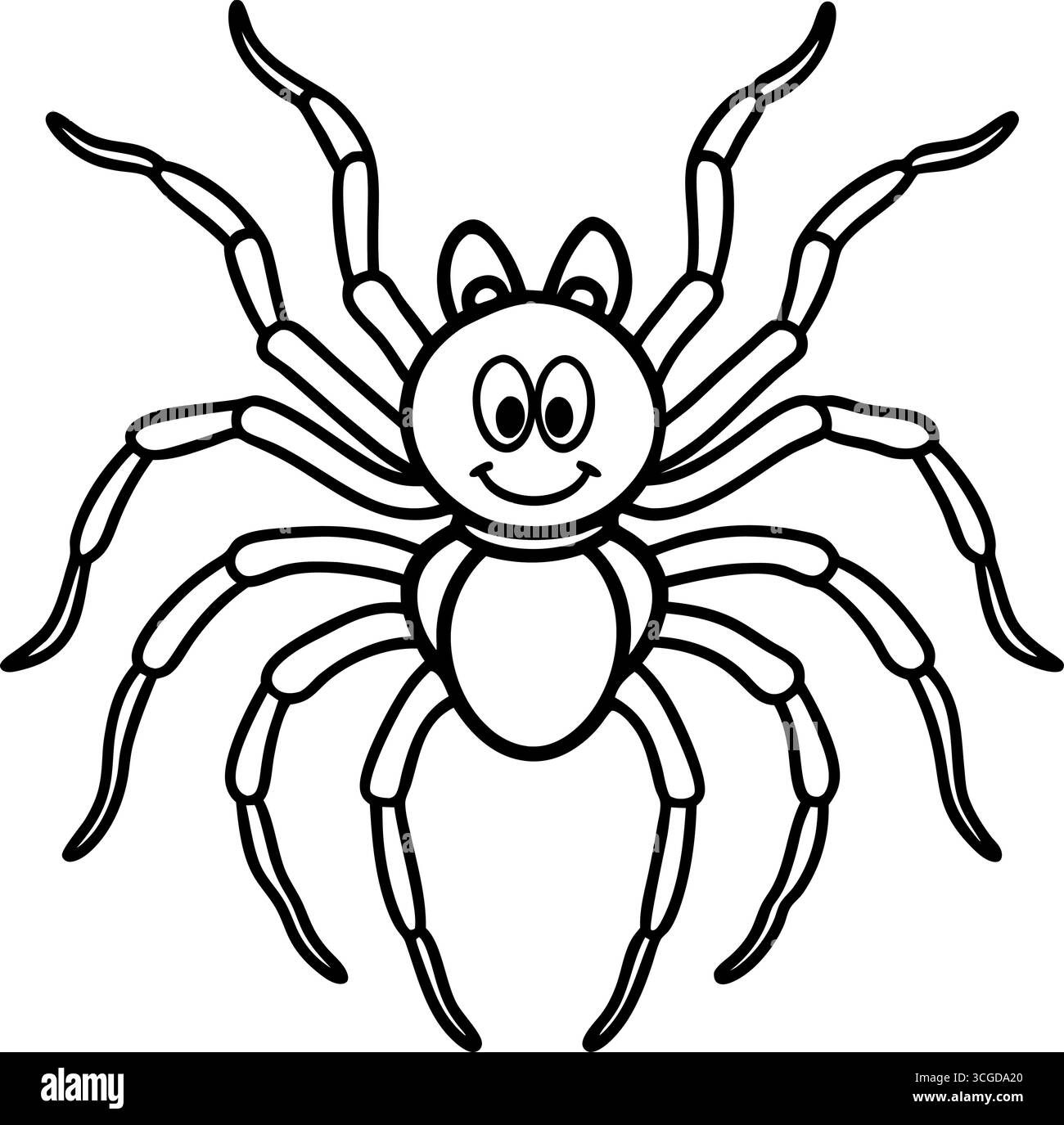 Grazioso ragno cartoni animati con grandi occhi e un sorriso felice isolato su sfondo bianco Illustrazione Vettoriale