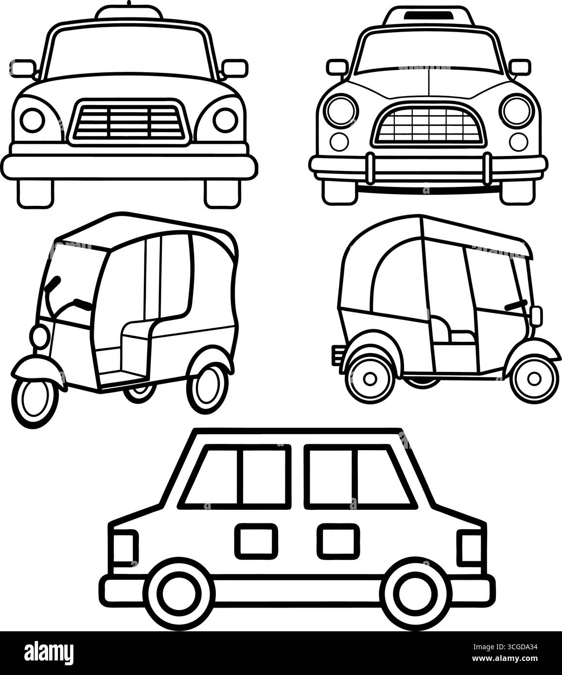 Collezione di veicoli da trasporto vintage e moderni, tra cui auto taxi, autonoleggi, furgoni, camion, treni aerei, navi e balze Illustrazione Vettoriale