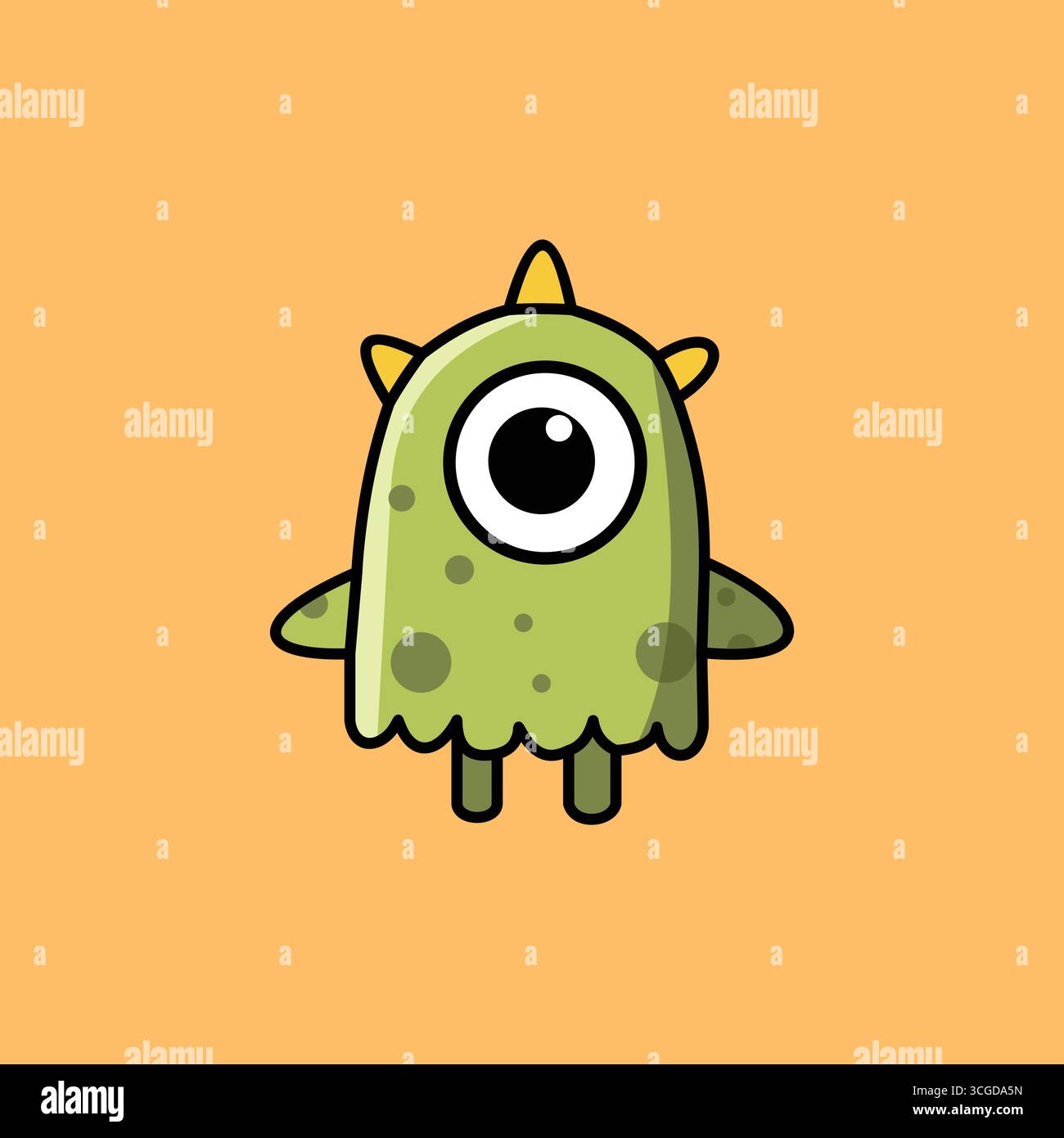 Carino Green Monster Cartoon Vector in verde. bianco, giallo e nero su sfondo arancione tenue Illustrazione Vettoriale