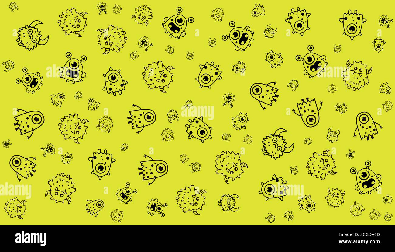 Sfondo del fumetto mostri in linea vettoriale nero su sfondo giallo Illustrazione Vettoriale
