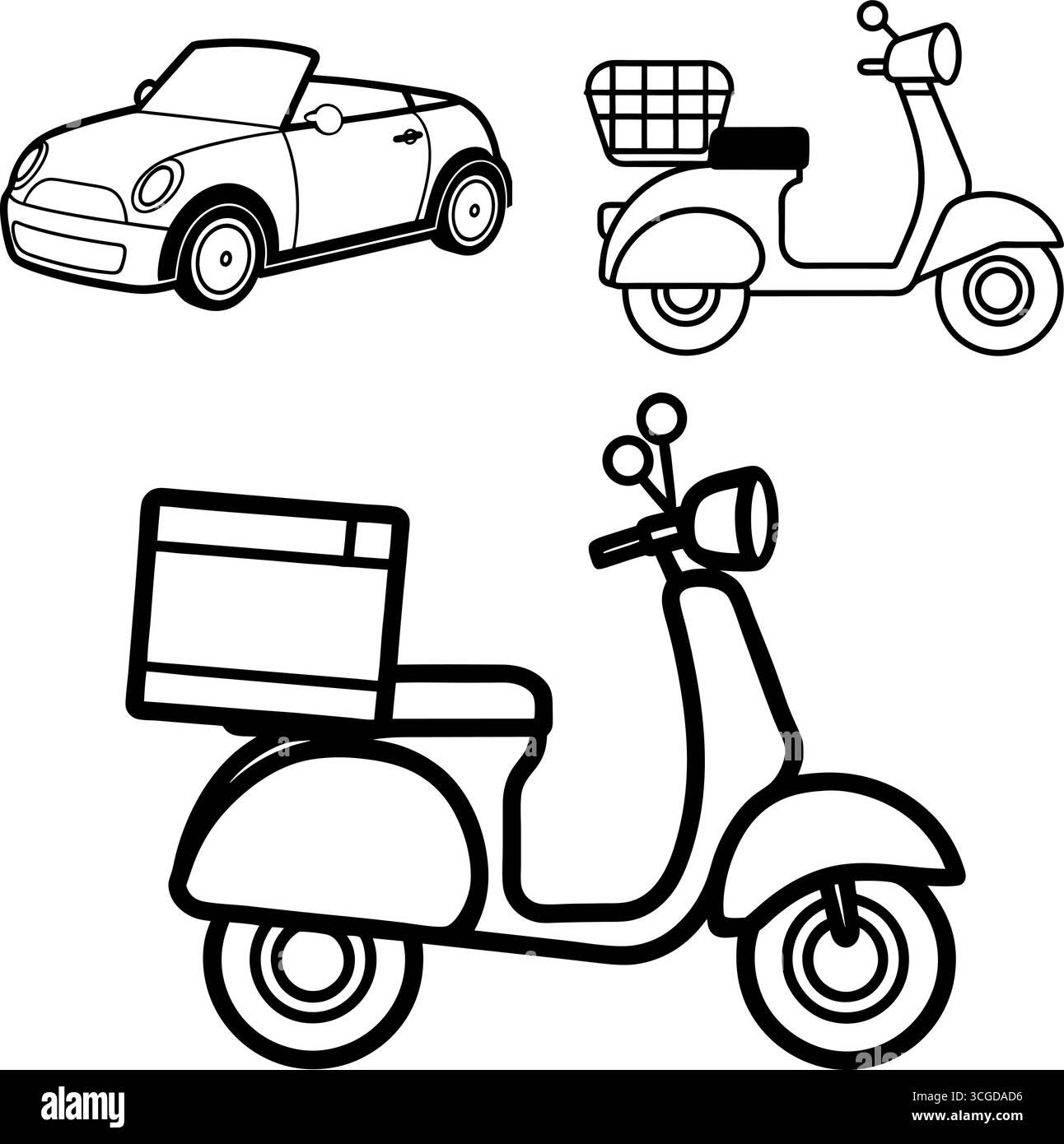 Collezione di veicoli da trasporto vintage e moderni, tra cui auto taxi, autonoleggi, furgoni, camion, treni aerei, navi e balze Illustrazione Vettoriale