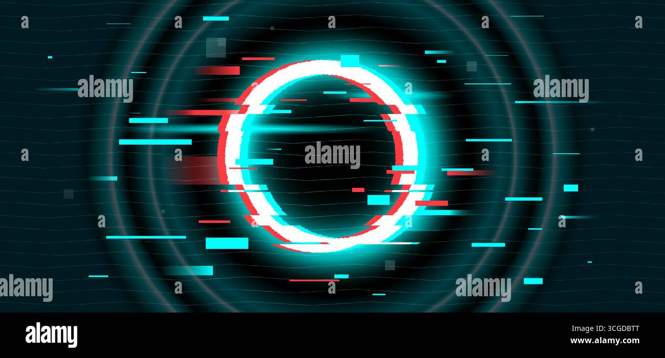 Anello con cornice glitch con distorsione dei bug e artefatti digitali rosso ciano per un'interfaccia futuristica. Bordo circolare con linee di disturbo ed effetti di danneggiamento dei dati. Design cyberpunk per sovrapposizioni di giochi tecnologici. Illustrazione Vettoriale