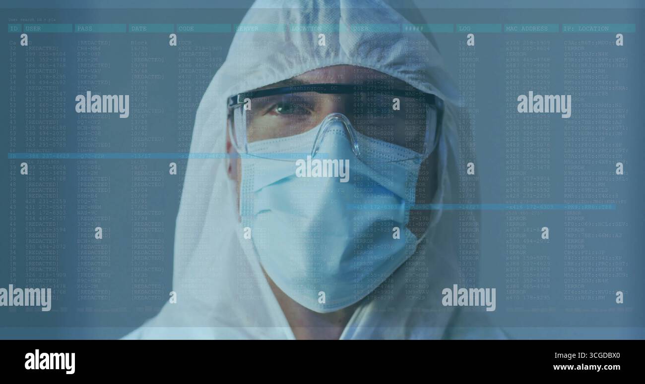 Tecnici di laboratorio che analizzano la sovrapposizione di log in camera bianca, indossando maschere e occhiali protettivi Foto Stock