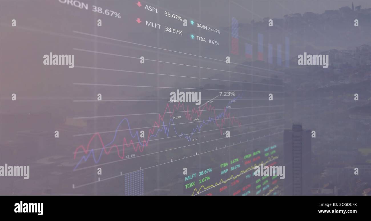 Visualizzazione di grafici dei mercati finanziari che riflettono su pareti in vetro in ufficio, con etichette adesive per le scorte Foto Stock