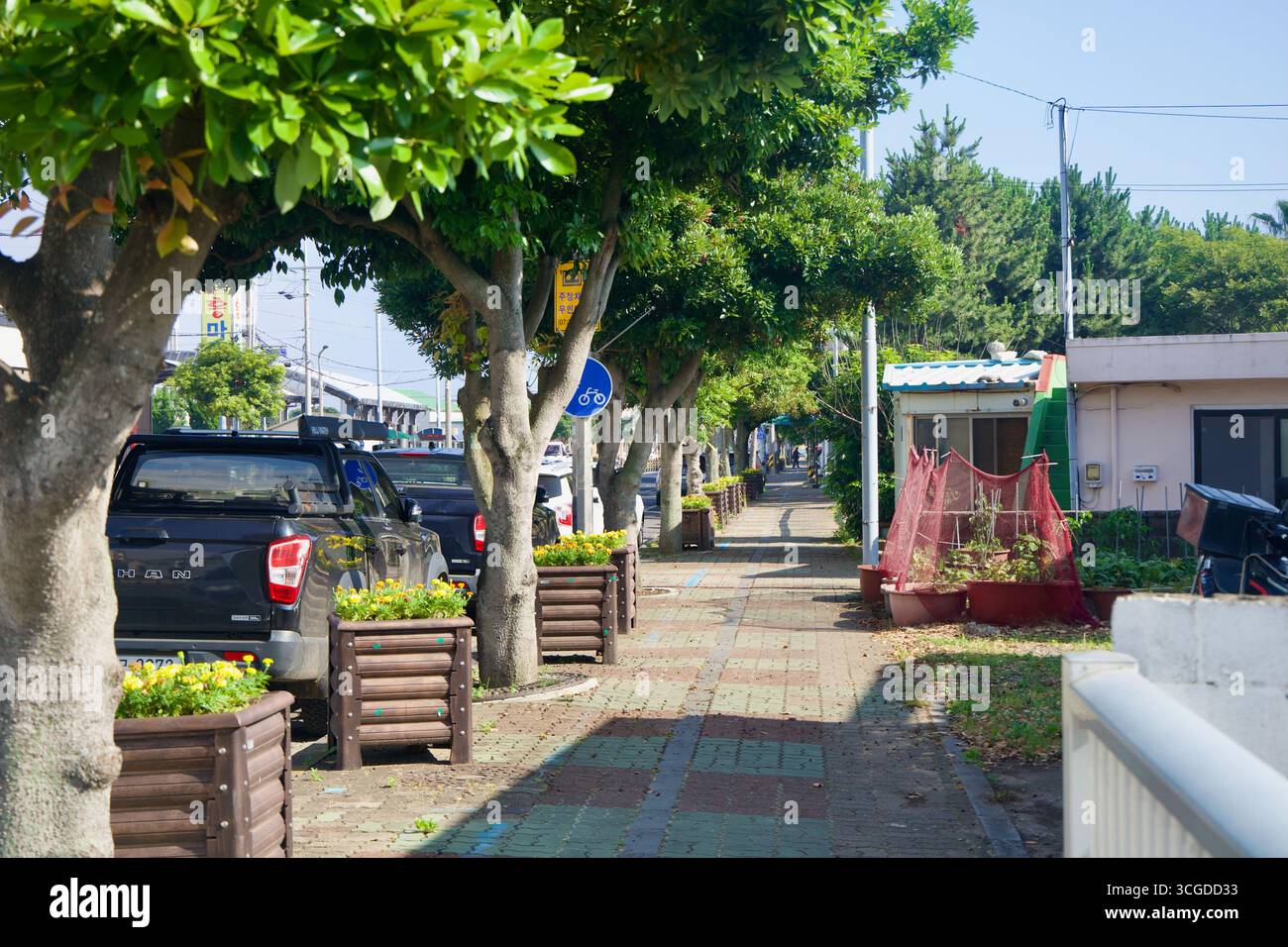 Gli alberi ombreggiano un marciapiede in mattoni fioriere e un cartello blu con la pista ciclabile in un blocco residenziale di Moseulpo, con pick-up parcheggiati e sma Foto Stock