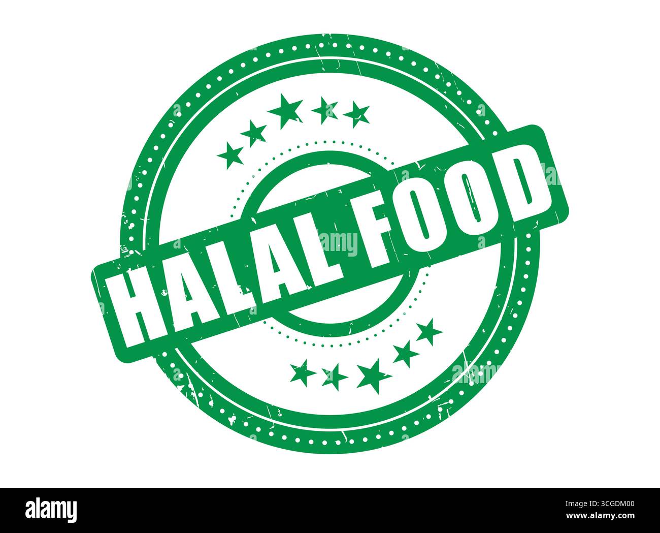 Sigillo Halal Food in gomma con cerchio tratteggiato Illustrazione Vettoriale