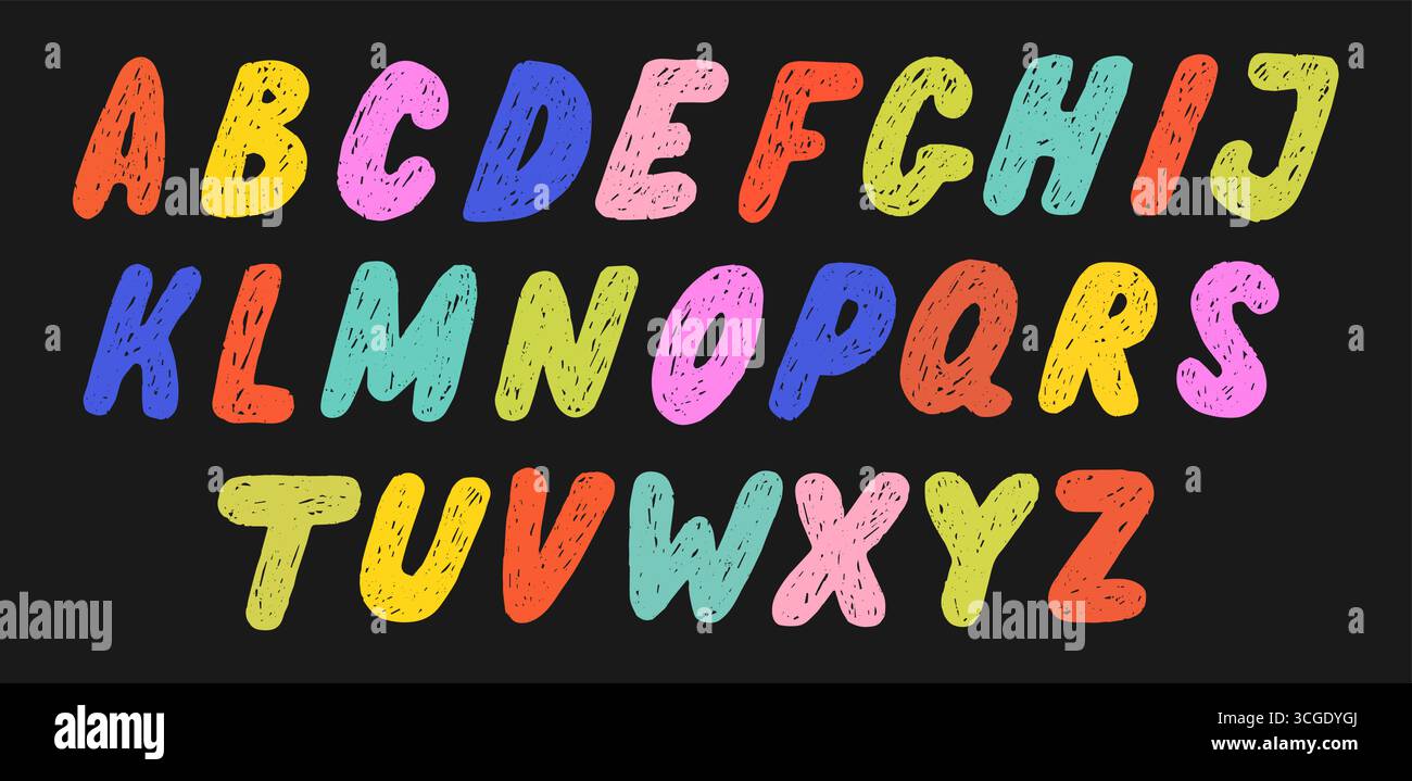 Lettere maiuscole dell'alfabeto colorate disegnate a pastello Illustrazione Vettoriale