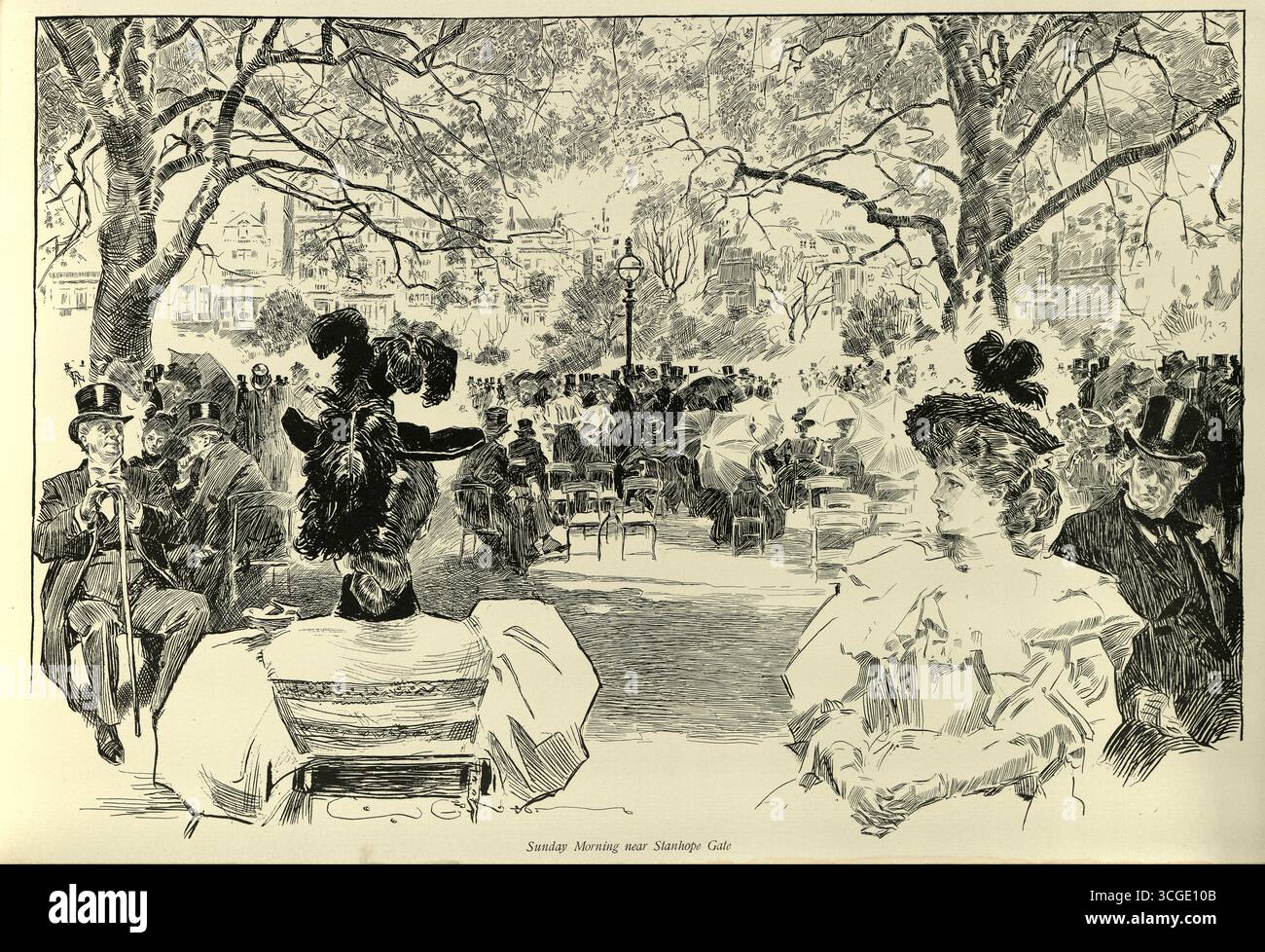 Domenica mattina vicino a Stanhope Gate, schizzi dalla Londra vittoriana, Charles Dana Gibson, arte del XIX secolo degli anni '1890 Foto Stock