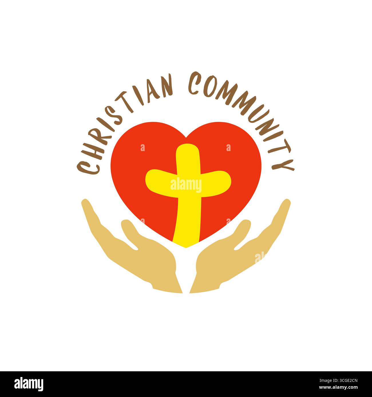 Cuore rosso, croce gialla creativa all'interno con maschera di ritaglio isolata, mani aperte. Concetto per la comunità cristiana, modello di logotipo del ministero della chiesa. Illustrazione Vettoriale