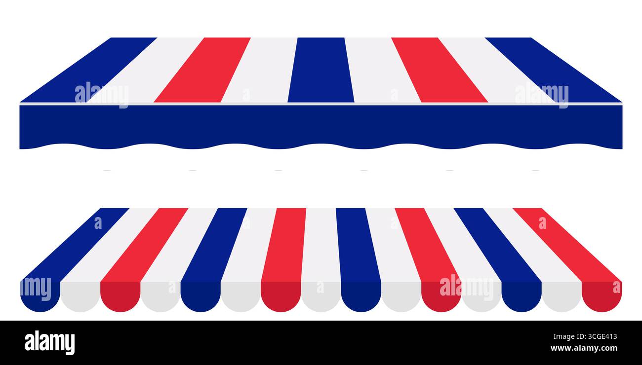Tenda tenda tenda da tenda di colore francese Vector. Tetto a strisce rosse bianche blu per chioschi all'aperto Cafe Market o Fair Booth. Icona tendina parasole piatta per l'uso estivo Illustrazione Vettoriale