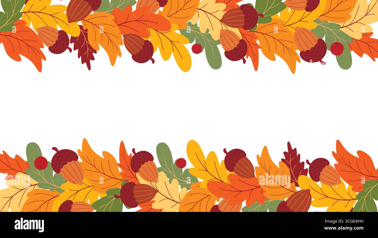 Modello autunnale orizzontale con cornice in foglie di ghianda e quercia. Mockup di banner vuoto per l'autunno. Grafica vettoriale Illustrazione Vettoriale