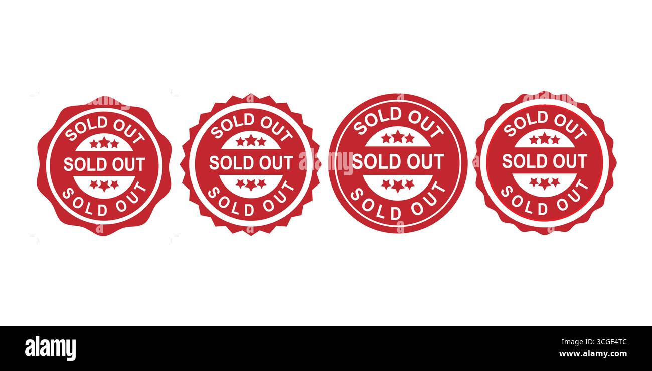 Icone con logo esaurito per la disponibilità dei prodotti e le etichette per la vendita al dettaglio Illustrazione Vettoriale