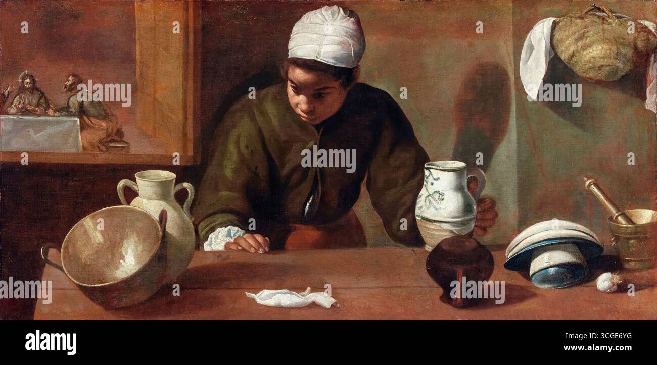 Diego Velazquez, cameriera della cucina con la cena a Emmaus, pittura ad olio su tela, circa 1618 Foto Stock