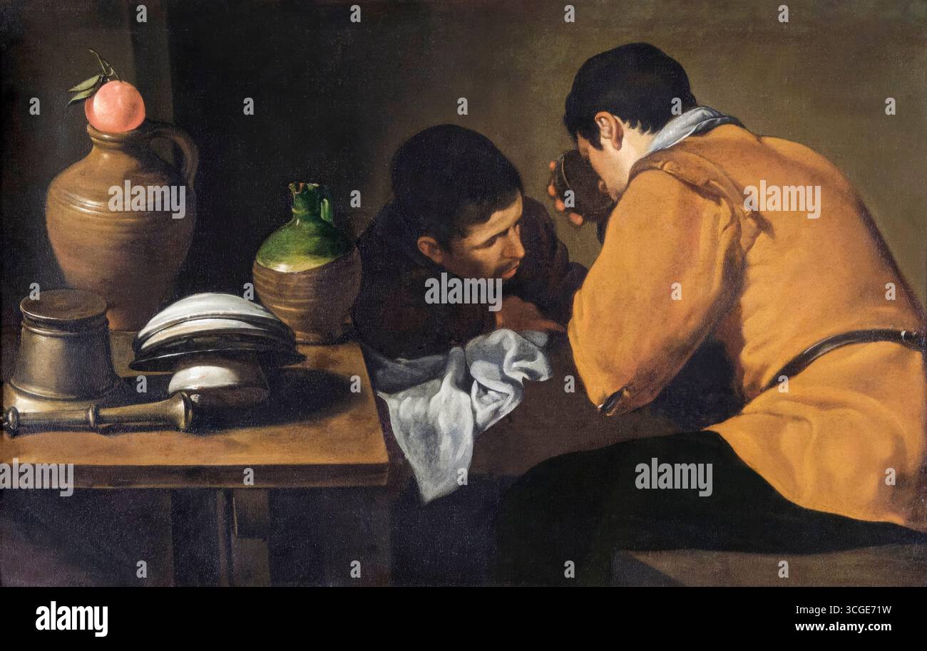 Diego Velazquez dipinge, Two Young Men eating at a Humble Table, olio su tela, 1618-1620 Foto Stock