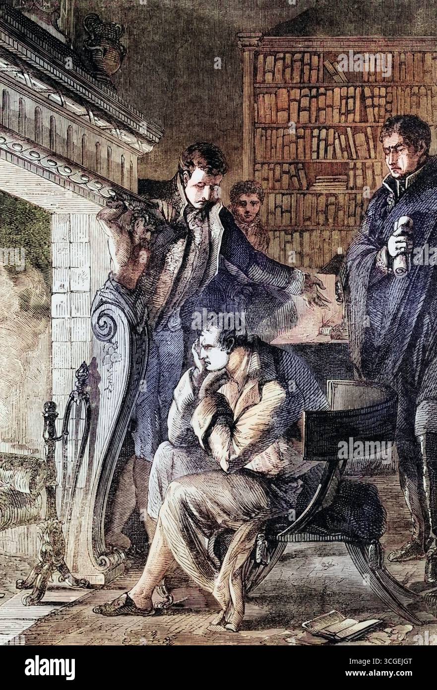 Napoleone Bonaparte in Fountainbleau vor seiner Abdankung nach dem Vertrag von Fontainebleau und Seiner Verbannung nach Elba, einer Insel im Mittelmeer, 20 km vor der toskanischen Küste, Frankreich, digitale Reproduktion einer historischen Vorlage Foto Stock