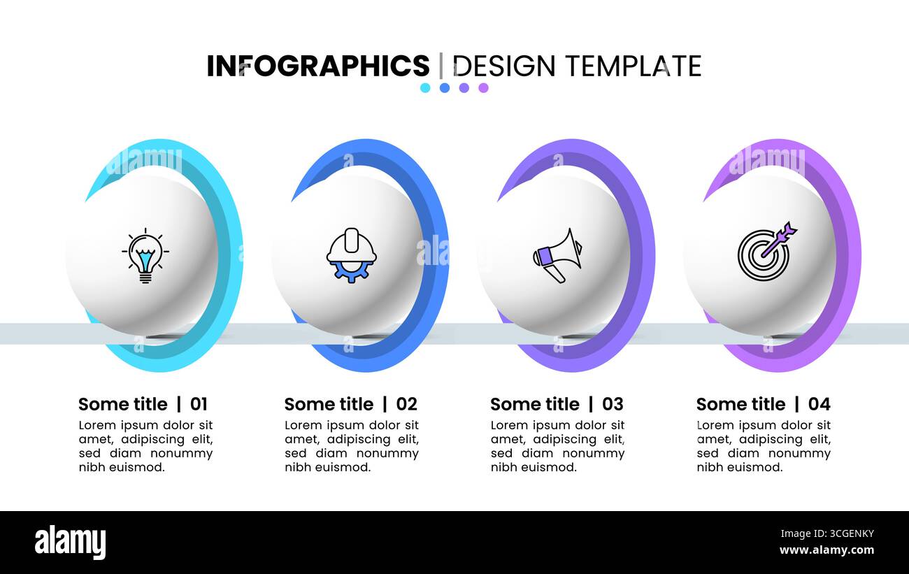 Modello infografico con icone e 4 opzioni o passaggi. Anelli. Può essere utilizzato per layout del flusso di lavoro, diagrammi, banner, webdesign. Illustrazione vettoriale Illustrazione Vettoriale