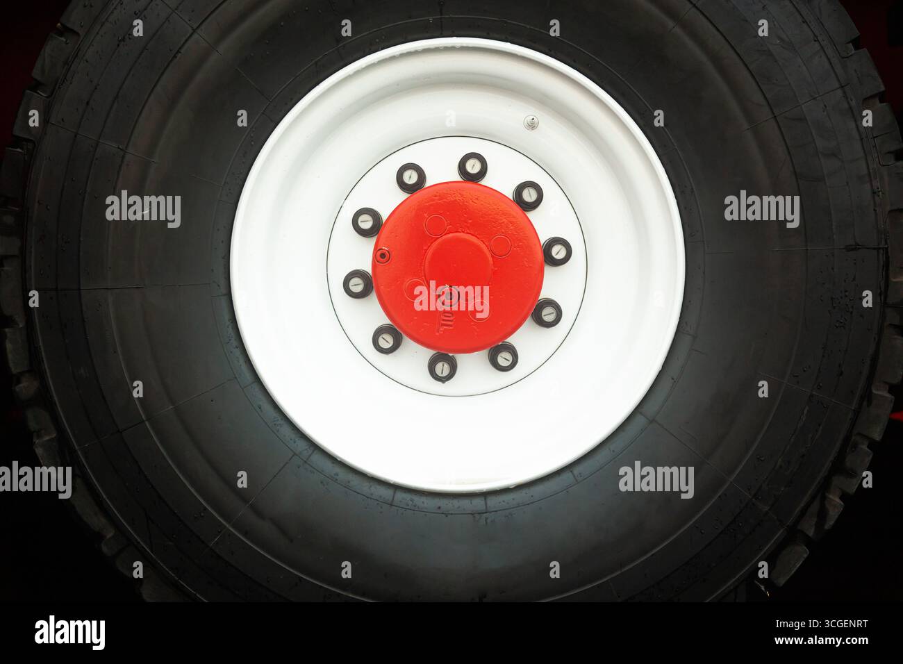 Ruota del carrello pesante con disco bianco e centro rosso, primo piano. Foto Stock