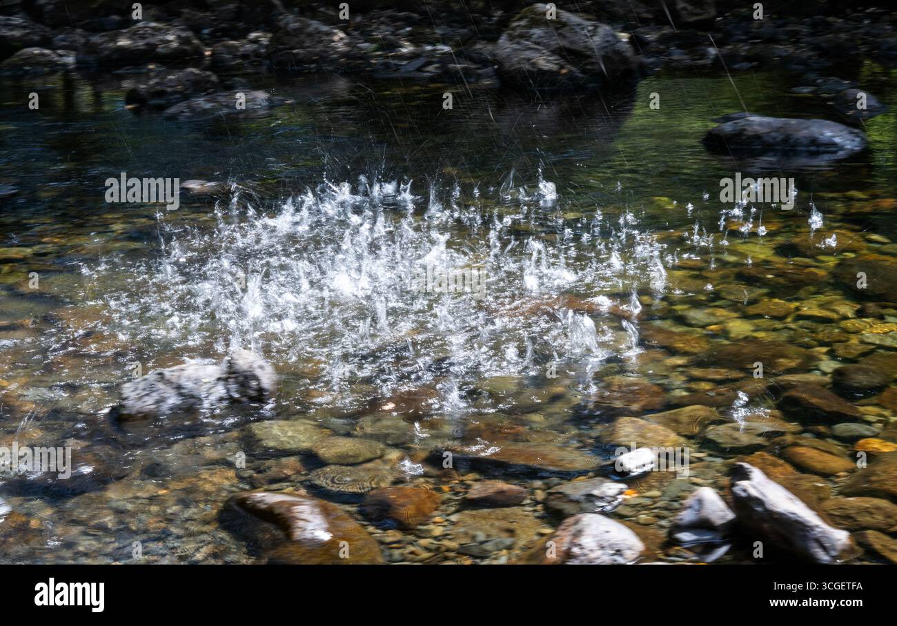 Spruzzi creati da pietre che cadono in un fiume. Foto Stock