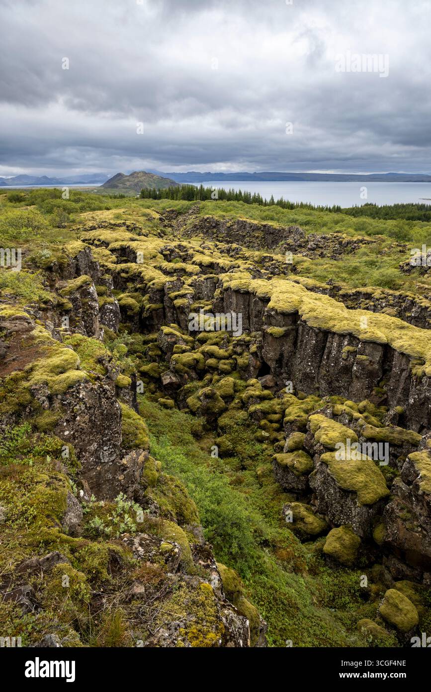 Il rift medio-atlantico al ponte di osservazione Hrafnagja, Parco Nazionale di Þingvellirrk, Islanda Foto Stock
