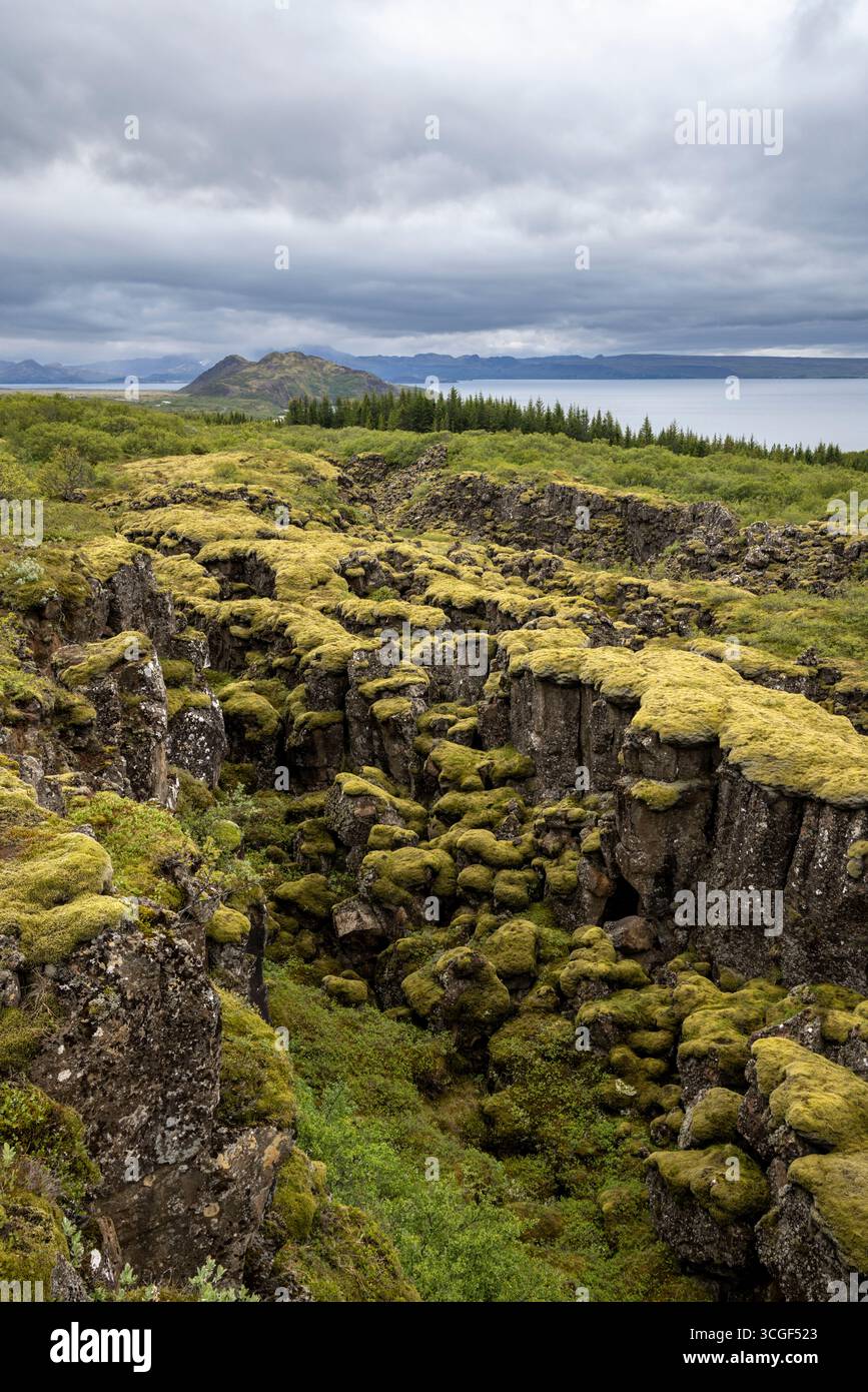 Il rift medio-atlantico al ponte di osservazione Hrafnagja, Parco Nazionale di Þingvellirrk, Islanda Foto Stock