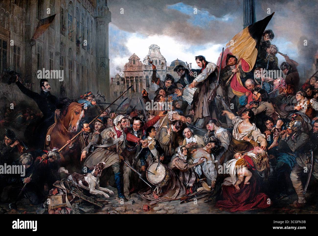 Episodio delle Giornate di settembre 1830 Grand Place di Bruxelles di Egide Charles Gustave, Barone Wappers 1803 1874 pittore belga, Museo ("episodio delle Giornate di settembre 1830" è un famoso dipinto del pittore fiammingo romantico Gustave Wappers, raffigurante la rivoluzione belga sulla Grand Place di Bruxelles) Foto Stock