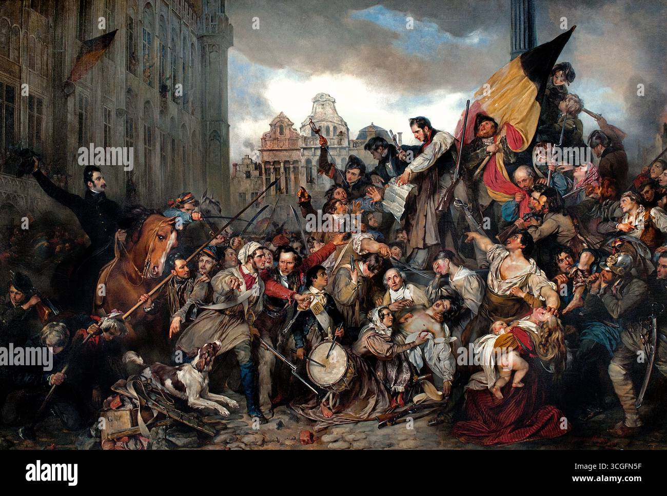 Episodio delle Giornate di settembre 1830 Grand Place di Bruxelles di Egide Charles Gustave, Barone Wappers 1803 1874 pittore belga, Museo ("episodio delle Giornate di settembre 1830" è un famoso dipinto del pittore fiammingo romantico Gustave Wappers, raffigurante la rivoluzione belga sulla Grand Place di Bruxelles) Foto Stock