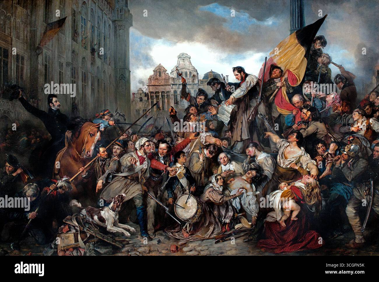 Episodio delle Giornate di settembre 1830 Grand Place di Bruxelles di Egide Charles Gustave, Barone Wappers 1803 1874 pittore belga, Museo ("episodio delle Giornate di settembre 1830" è un famoso dipinto del pittore fiammingo romantico Gustave Wappers, raffigurante la rivoluzione belga sulla Grand Place di Bruxelles) Foto Stock