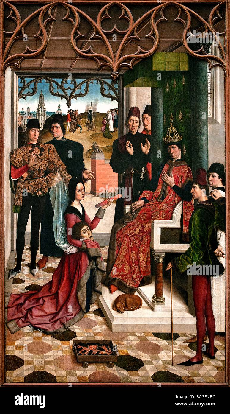 Il giudice dell'imperatore otto: The Acid test 1471 Dirk Diedrick - Dieric Buts 1410-1475 Paesi Bassi olandesi, Museum ( giustizia dell'imperatore otto III: Decapitazione del conte innocente e calvario da fuoco di Dieric Buts circa 1473-1475 ) Dirk Bouts fu il pittore più famoso della città quando, nel 1468, le autorità locali di Lovanio commissionarono questi due pannelli di giustizia. Era consuetudine decorare la sala della giustizia delle sale cittadine con un dipinto edificante che rappresenta una famosa decisione giudiziaria. Foto Stock