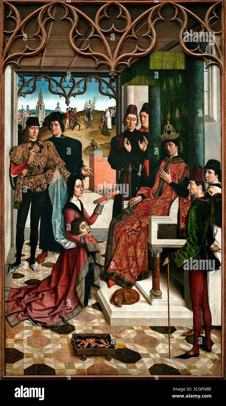 Il giudice dell'imperatore otto: The Acid test 1471 Dirk Diedrick - Dieric Buts 1410-1475 Paesi Bassi olandesi, Museum ( giustizia dell'imperatore otto III: Decapitazione del conte innocente e calvario da fuoco di Dieric Buts circa 1473-1475 ) Dirk Bouts fu il pittore più famoso della città quando, nel 1468, le autorità locali di Lovanio commissionarono questi due pannelli di giustizia. Era consuetudine decorare la sala della giustizia delle sale cittadine con un dipinto edificante che rappresenta una famosa decisione giudiziaria. Foto Stock