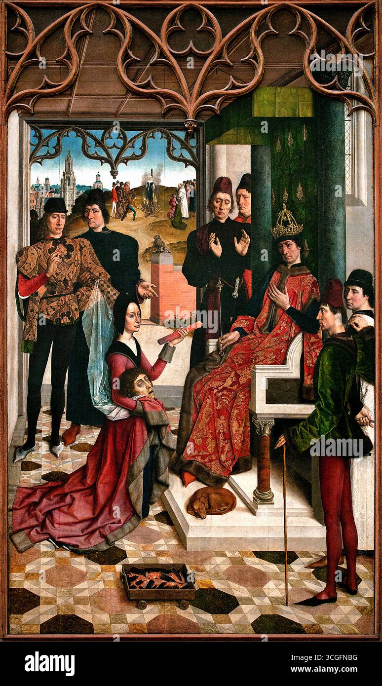 Il giudice dell'imperatore otto: The Acid test 1471 Dirk Diedrick - Dieric Buts 1410-1475 Paesi Bassi olandesi, Museum ( giustizia dell'imperatore otto III: Decapitazione del conte innocente e calvario da fuoco di Dieric Buts circa 1473-1475 ) Dirk Bouts fu il pittore più famoso della città quando, nel 1468, le autorità locali di Lovanio commissionarono questi due pannelli di giustizia. Era consuetudine decorare la sala della giustizia delle sale cittadine con un dipinto edificante che rappresenta una famosa decisione giudiziaria. Foto Stock