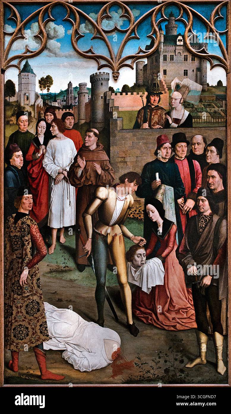 La giustizia dell'Imperatore Ottone: Il martirio del conte innocente 1473 Dirk - Diedrick - Dieric Buts 1410-1475 , giustizia dell'Imperatore Ottone III: Decapitazione del conte innocente e calvario per fuoco Dieric Buts intorno al 1473-1475 ( Dirk Buts era il pittore più famoso della città quando, nel 1468, le autorità locali di Lovanio commissionarono questi due quadri di giustizia. Era consuetudine decorare la sala della giustizia delle sale cittadine con un dipinto edificante che rappresenta una famosa decisione giudiziaria. ) Foto Stock