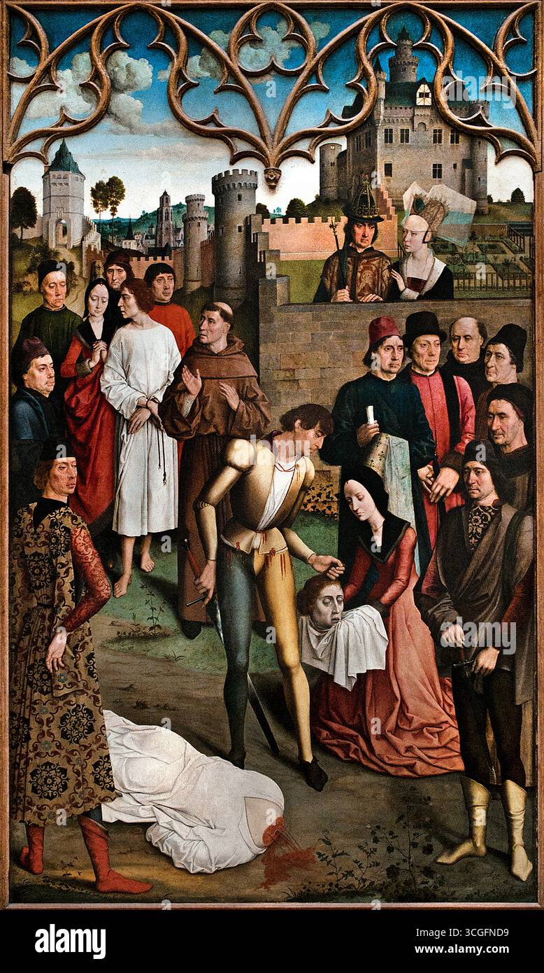 La giustizia dell'Imperatore Ottone: Il martirio del conte innocente 1473 Dirk - Diedrick - Dieric Buts 1410-1475 , giustizia dell'Imperatore Ottone III: Decapitazione del conte innocente e calvario per fuoco Dieric Buts intorno al 1473-1475 ( Dirk Buts era il pittore più famoso della città quando, nel 1468, le autorità locali di Lovanio commissionarono questi due quadri di giustizia. Era consuetudine decorare la sala della giustizia delle sale cittadine con un dipinto edificante che rappresenta una famosa decisione giudiziaria. ) Foto Stock