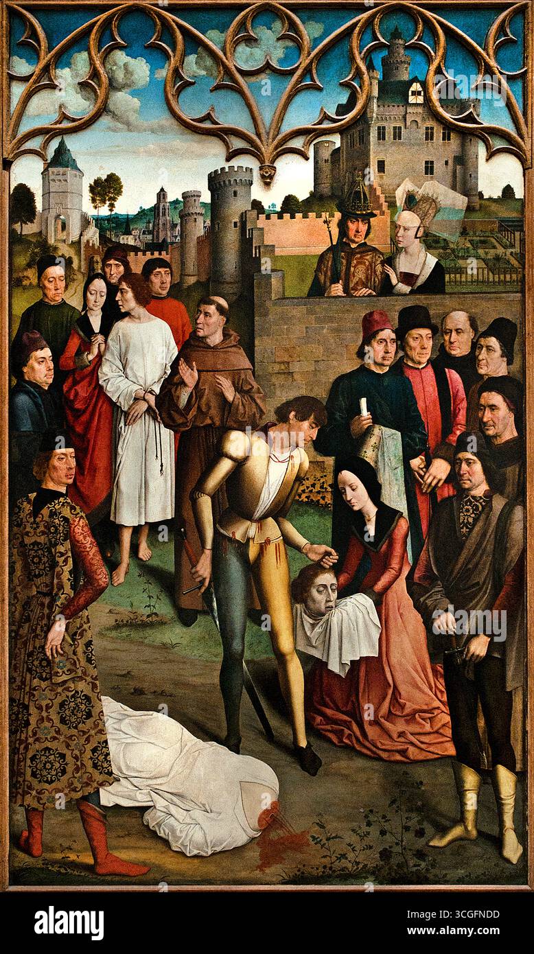 La giustizia dell'Imperatore Ottone: Il martirio del conte innocente 1473 Dirk - Diedrick - Dieric Buts 1410-1475 , giustizia dell'Imperatore Ottone III: Decapitazione del conte innocente e calvario per fuoco Dieric Buts intorno al 1473-1475 ( Dirk Buts era il pittore più famoso della città quando, nel 1468, le autorità locali di Lovanio commissionarono questi due quadri di giustizia. Era consuetudine decorare la sala della giustizia delle sale cittadine con un dipinto edificante che rappresenta una famosa decisione giudiziaria. ) Foto Stock