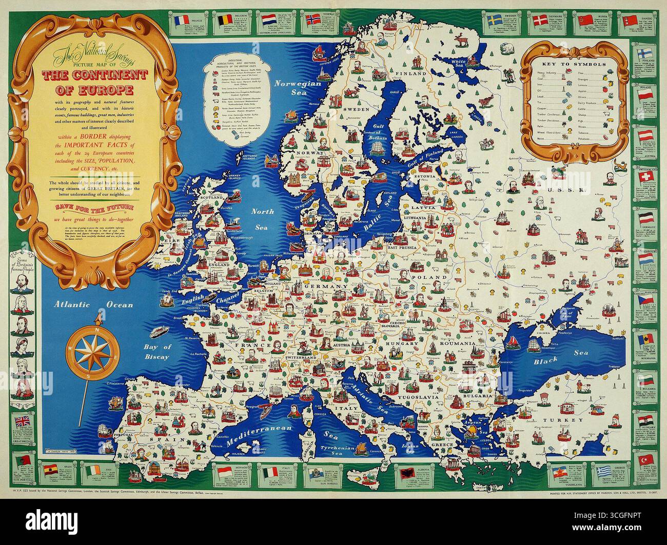 Colorata mappa pittorica dell'Europa pubblicata nel 1946 dal National Savings Committee, intitolata The Continent of Europe. Illustrato con bandiere, punti di riferimento e simboli che mostrano industrie, agricoltura e cultura nei paesi europei poco dopo la seconda guerra mondiale immagine fornita dalla Biblioteca del Congresso. Foto Stock