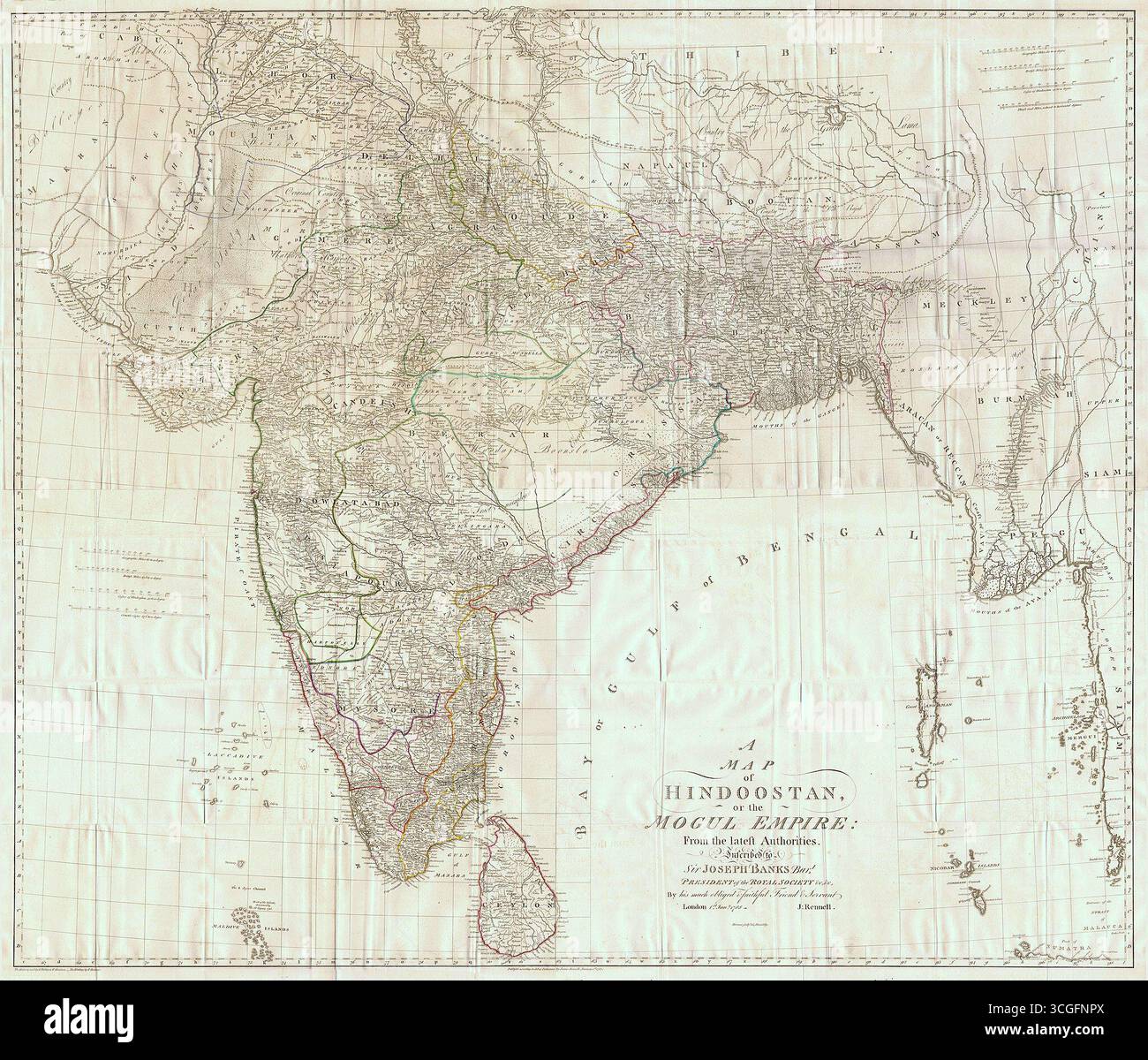 Mappa storica di Hindoostan (India) nel 1788, creata da James Rennell, il primo ispettore generale del Bengala. Pubblicata con il patrocinio di Sir Joseph Banks, questa mappa descrive in dettaglio l'Impero Mogul con regioni, fiumi, città e rotte commerciali attraverso il subcontinente indiano. Per gentile concessione della British Library. Foto Stock