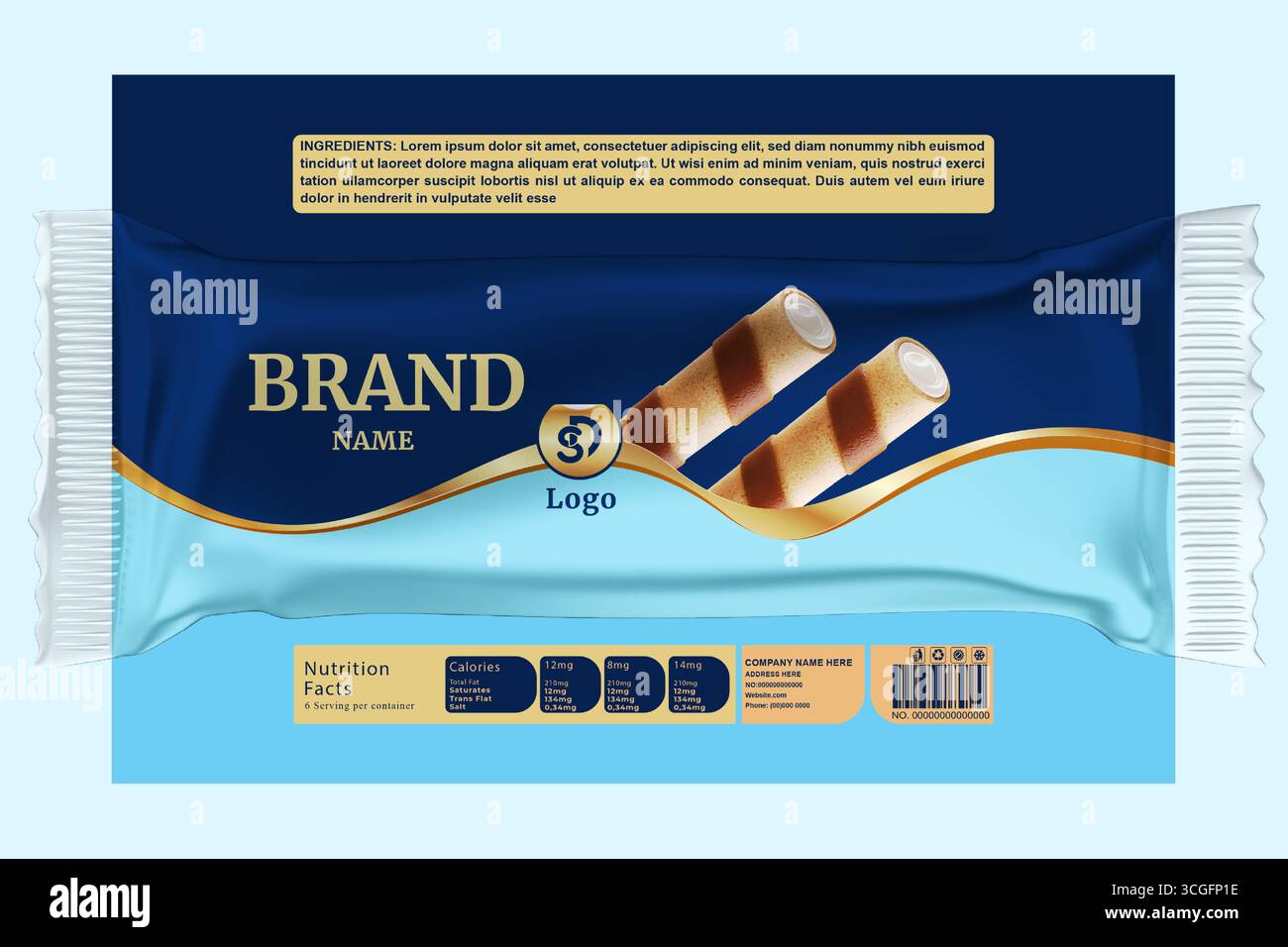 Packaging per bastoncini a wafer di cioccolato – Design vettoriale EPS modificabile per il marchio di snack premium Illustrazione Vettoriale