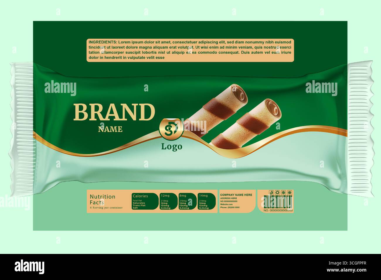 Packaging per bastoncini a wafer di cioccolato – Design vettoriale EPS modificabile per il marchio di snack premium Illustrazione Vettoriale