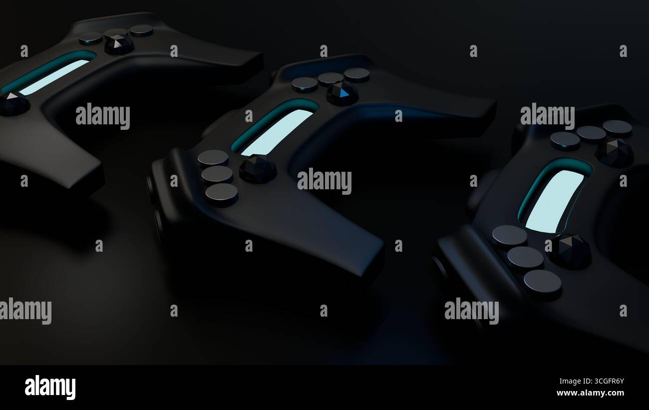 Primo piano di futuristici gamepad neri con accenti blu brillanti. Foto Stock