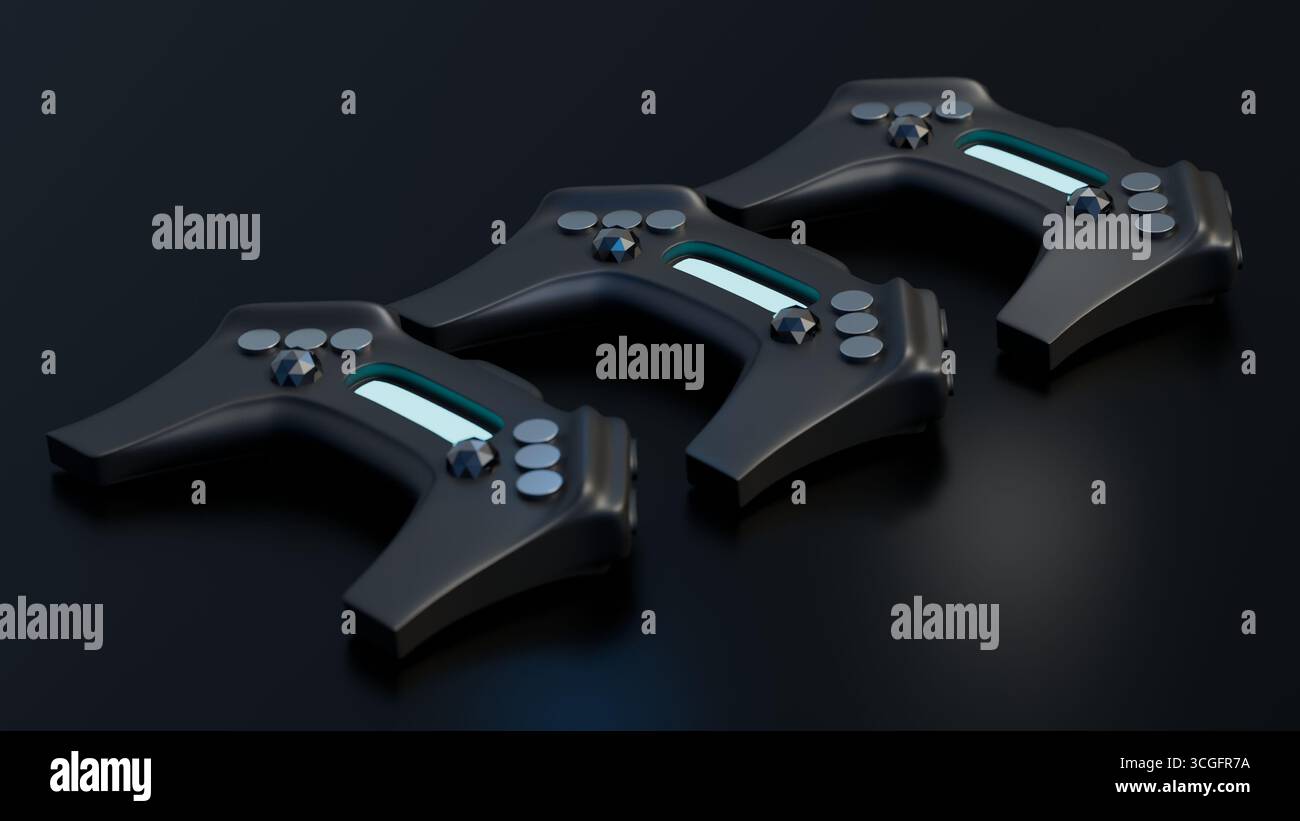 Tre futuristici gamepad neri con accenti azzurri disposti su una superficie scura. Foto Stock